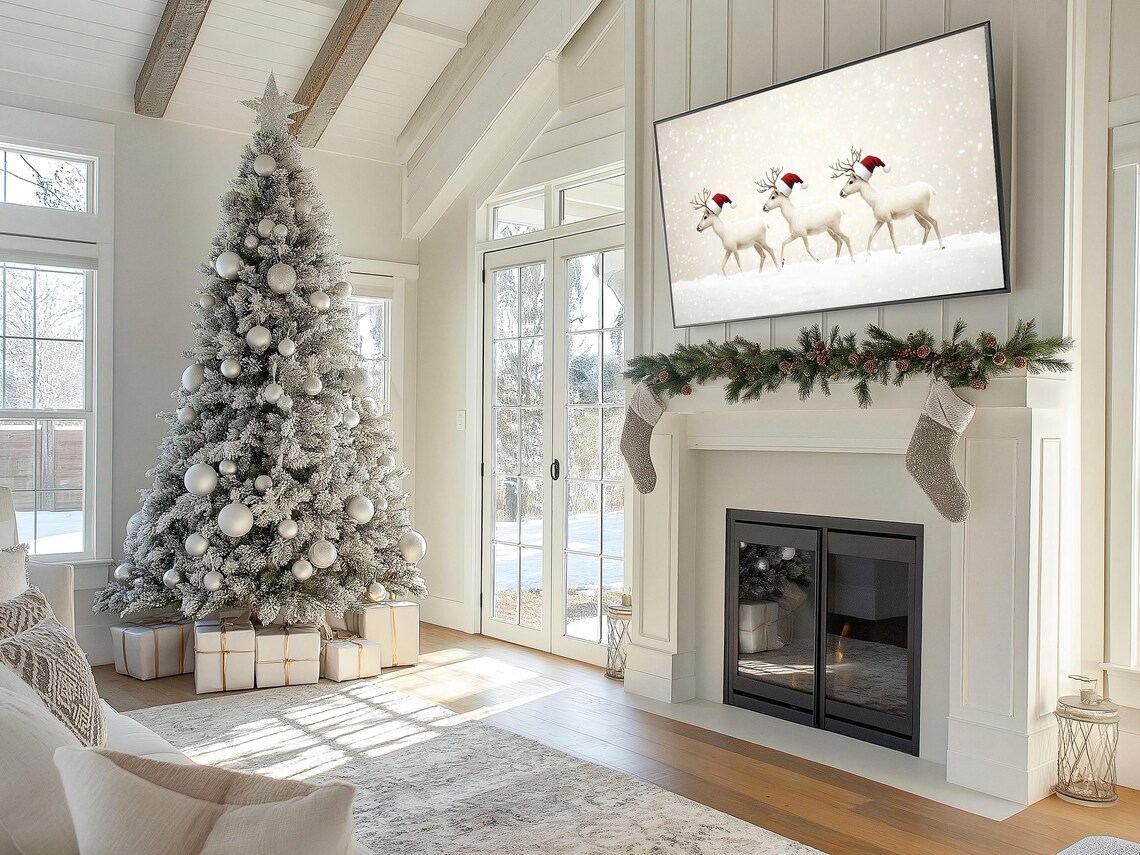Three White Deer in Santa Hats Christmas Snow Scene Holiday Poster - Image 6