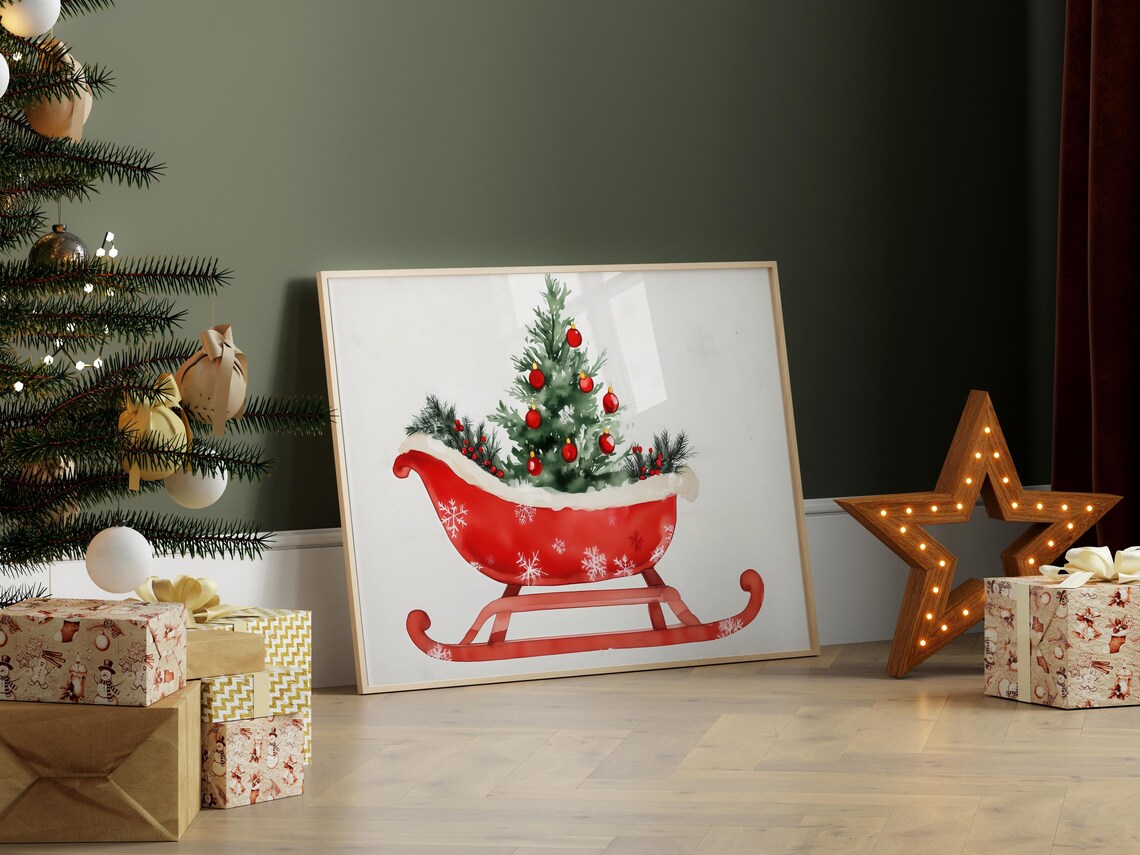 Red Watercolor Christmas Sleigh With Mini Tree And Ornaments Poster - Image 7