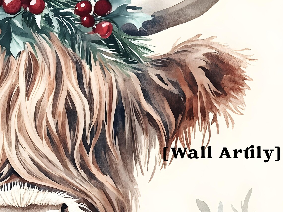 Highland Cow Mistletoe Crown Watercolor Christmas Animal Poster - Image 6