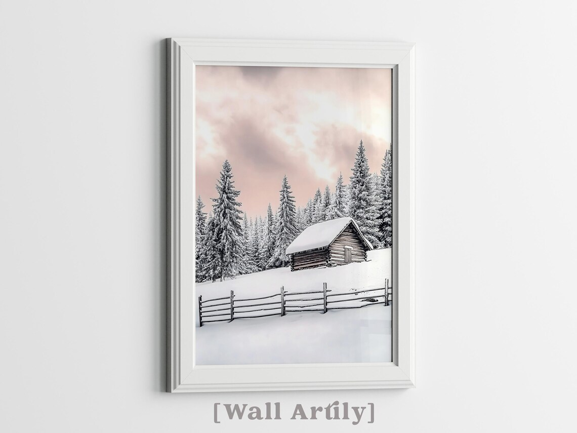 Snowy Log Cabin Winter Forest Pink Sky Mountain Scene Poster - Image 7