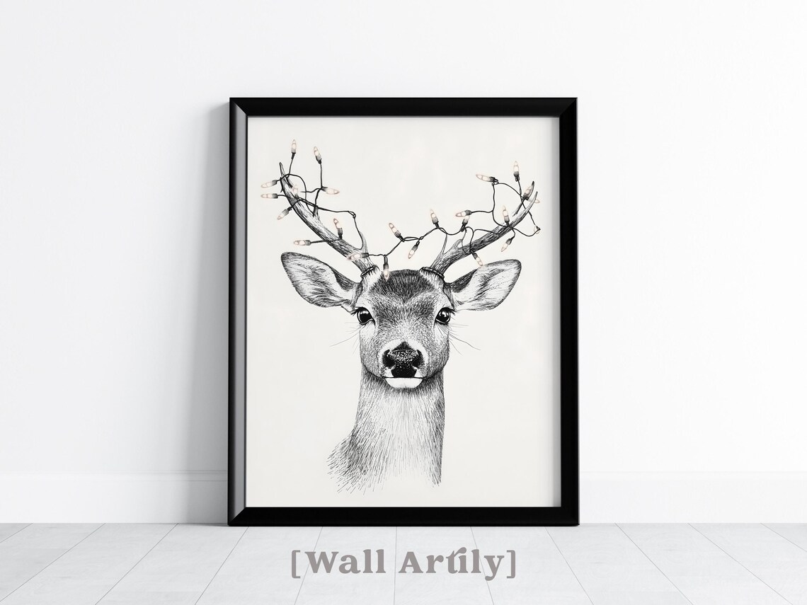 Reindeer Portrait With Fairy Lights On Antlers Ink Drawing Poster - Image 5