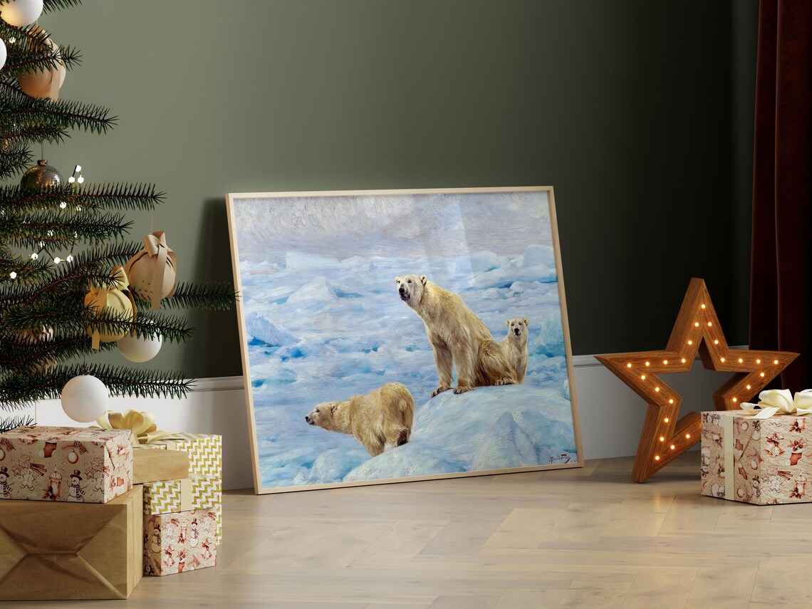 Three Polar Bears On Arctic Ice Vintage Wildlife Painting Poster - Image 3
