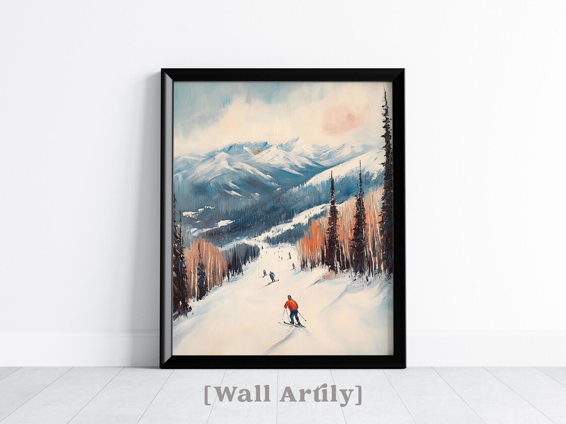 Vintage Ski Slope Mountain Winter Skiers Landscape Art Poster - Image 2