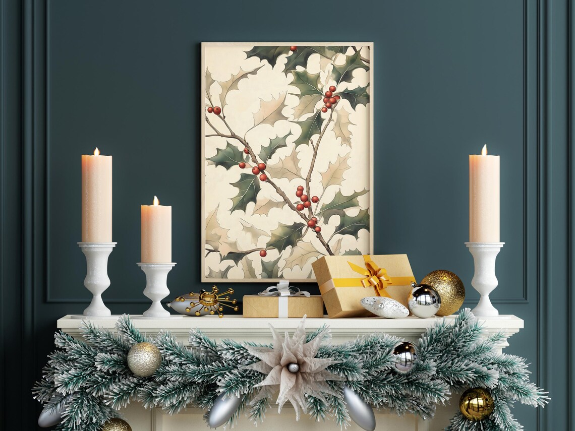 Holly Leaves Red Berries Watercolor Botanical Christmas Art Poster - Image 3