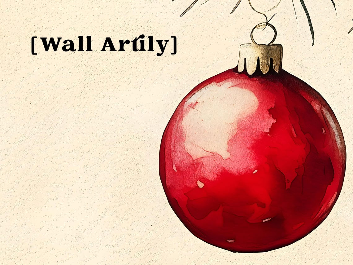 Red Christmas Ornament Hanging From Pine Branch Watercolor Poster - Image 5