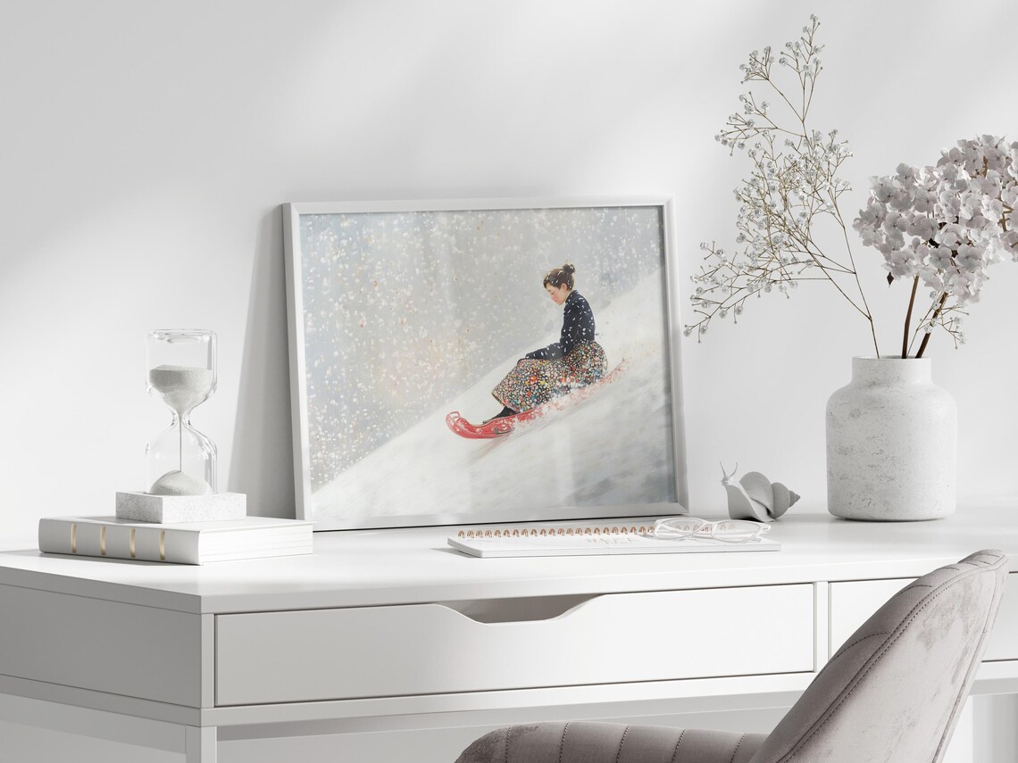 Woman Riding Red Toboggan Sled In Falling Snow Winter Art Poster - Image 7
