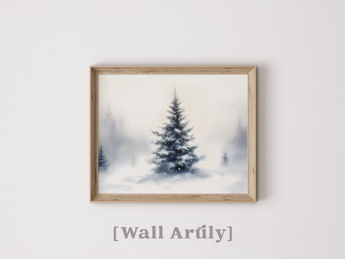 Misty Snowy Pine Tree Foggy Winter Forest Watercolor Decor Poster - Image 3