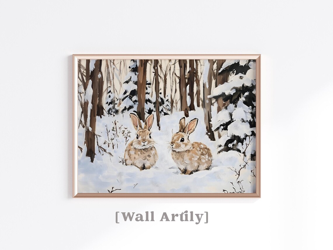 Snowy Forest Bunnies Winter Woodland Oil Painting Animal Poster - Image 2