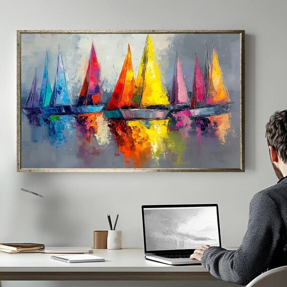 Colorful Sailboats Art Vibrant Abstract Nautical Painting Modern Coastal Wall Decor Textured Sailboat Artwork For Home Or Office