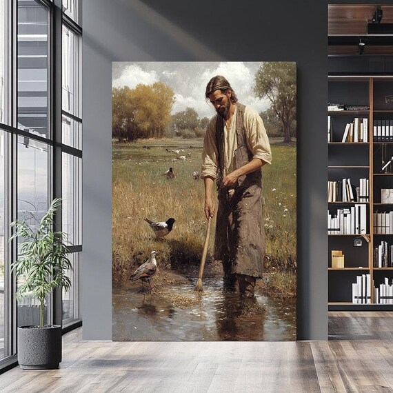 Jesus With Birds In Gentle Stream Pastoral Countryside Painting Poster