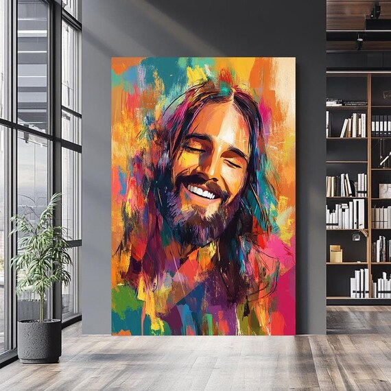 Smiling Jesus Christ Eyes Closed Vibrant Abstract Color Portrait Poster