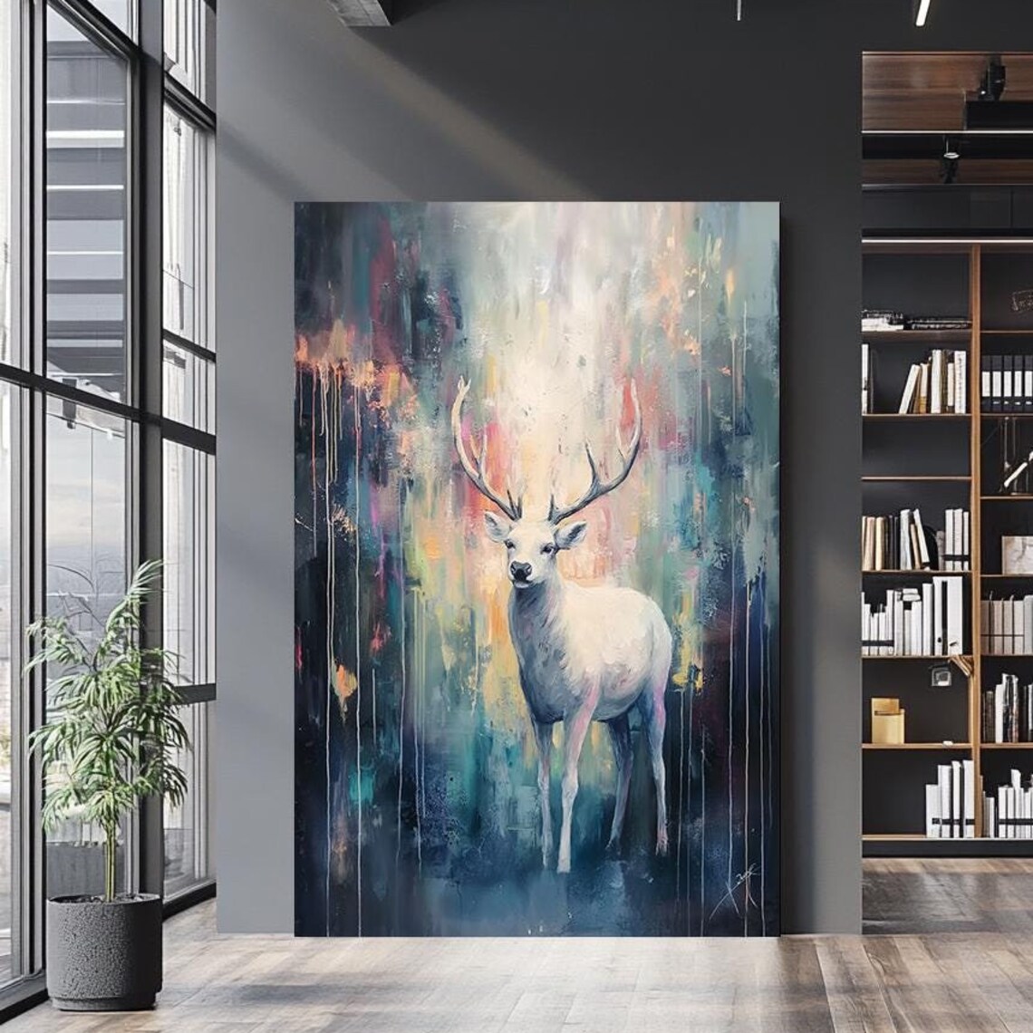 White Stag Deer Abstract Forest Antlers Ethereal Wildlife Art Wall Poster