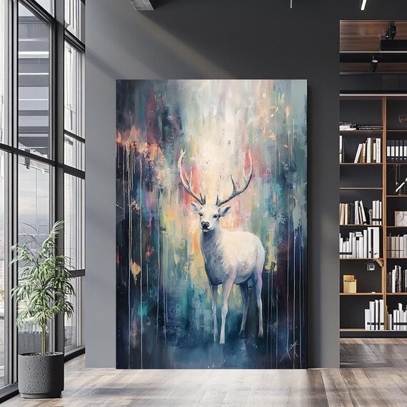 White Stag Deer Abstract Forest Antlers Ethereal Wildlife Art Wall Poster