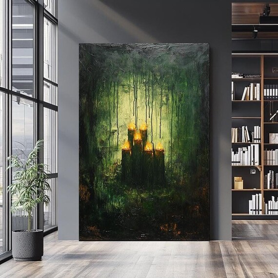 Mystical Candlelight Surreal Wall Art Dark Forest Surreal Painting Moody Green Wall Decor Abstract Artwork