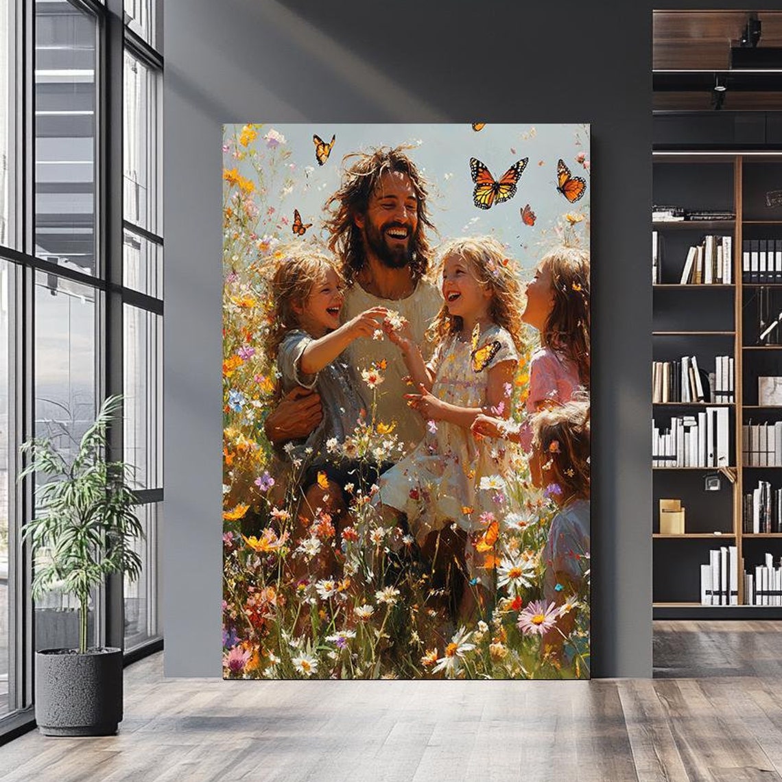 Joyful Jesus Playing With Children In Flower Meadow Butterflies Poster