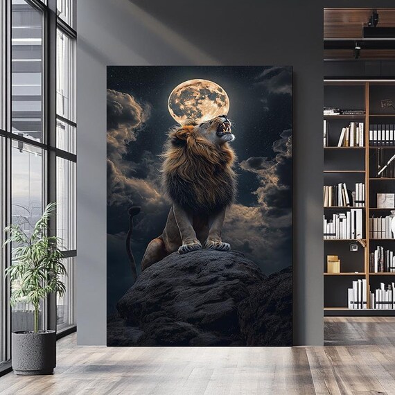 Lion Roaring at Full Moon Dramatic Cloudy Night Sky Wildlife Poster