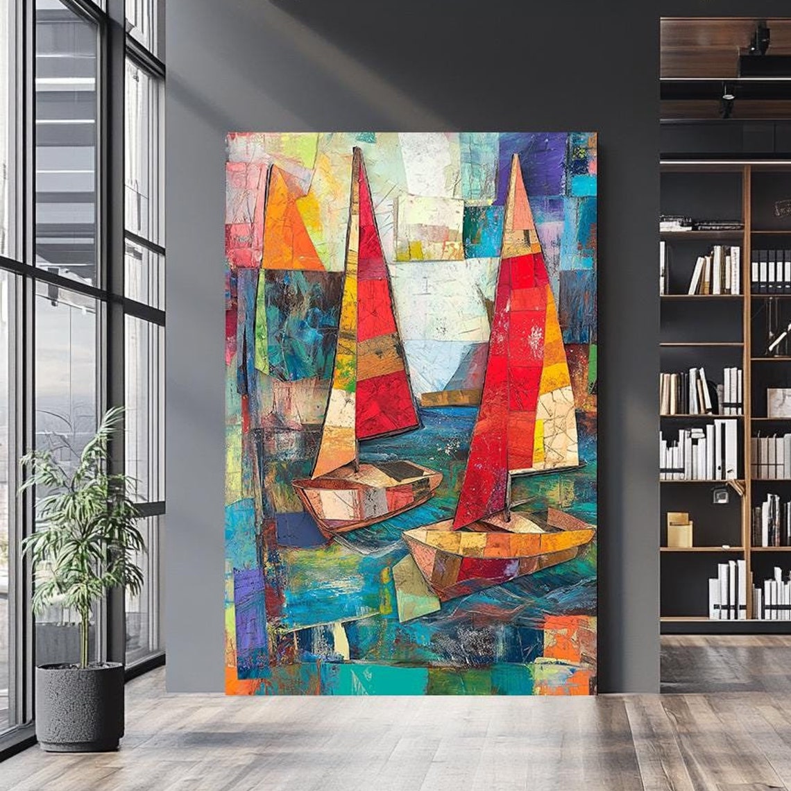 Cubist Sailing Boats Colorful Patchwork Nautical Abstract Art Poster