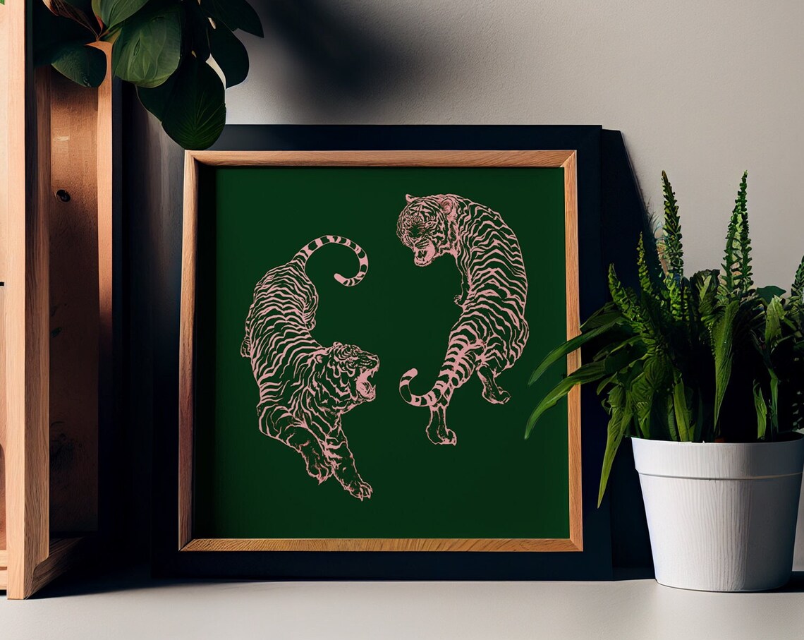 Pink Tigers Vintage Japanese Print, Art Print
