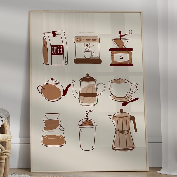 Coffee Bar Illustrations Poster Espresso Teapot Moka Pot Kitchen Decor
