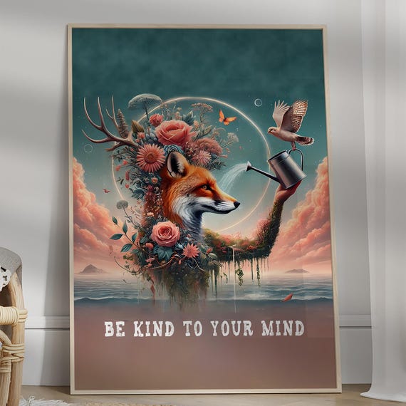 Be Kind To Your Mind Vintage Poster Lose Print Wolf Flower Wall Art Positive Affirmation