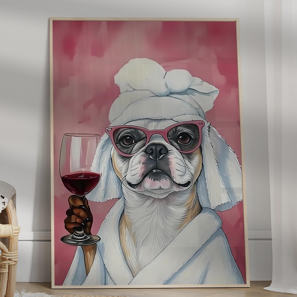 French Bulldog Spa Day Pink Sunglasses Wine Glass Humor Art Print