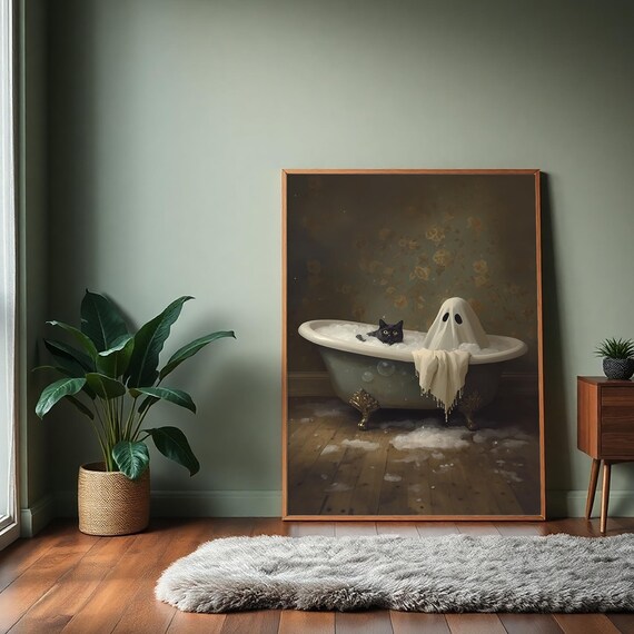 Black Cat In Bath Poster Vintage Halloween Decor Cute Bathroom Wall Art Gothic Bathtub Humor