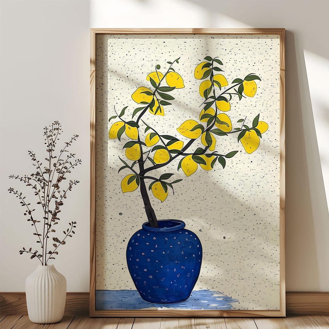 Lemon Branch Blue Vase Folk Art Botanical Boho Kitchen Wall Print