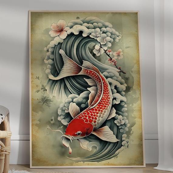 Red Koi Fish Wave Cherry Blossom Japanese Tattoo Style Art Poster