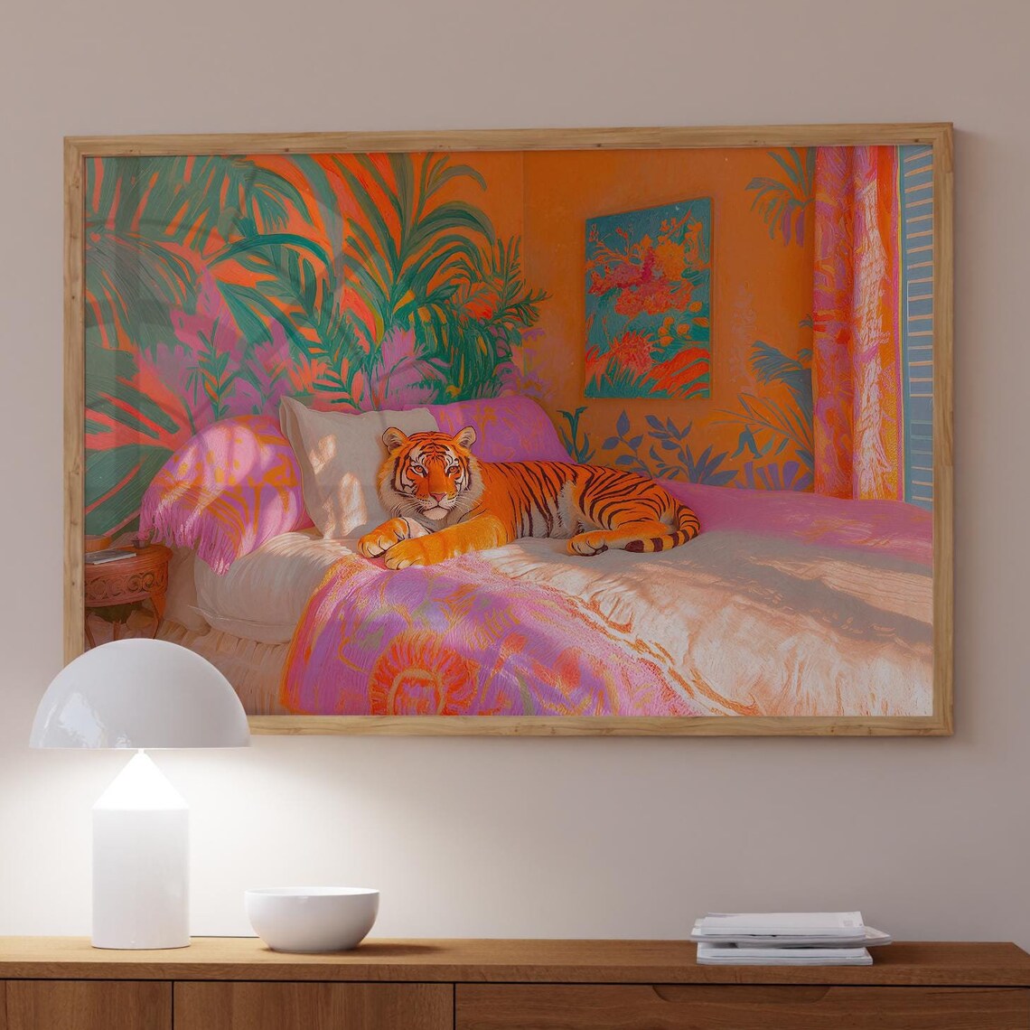Tiger Lounging On Orange Jungle Bed Maximalist Bedroom Poster