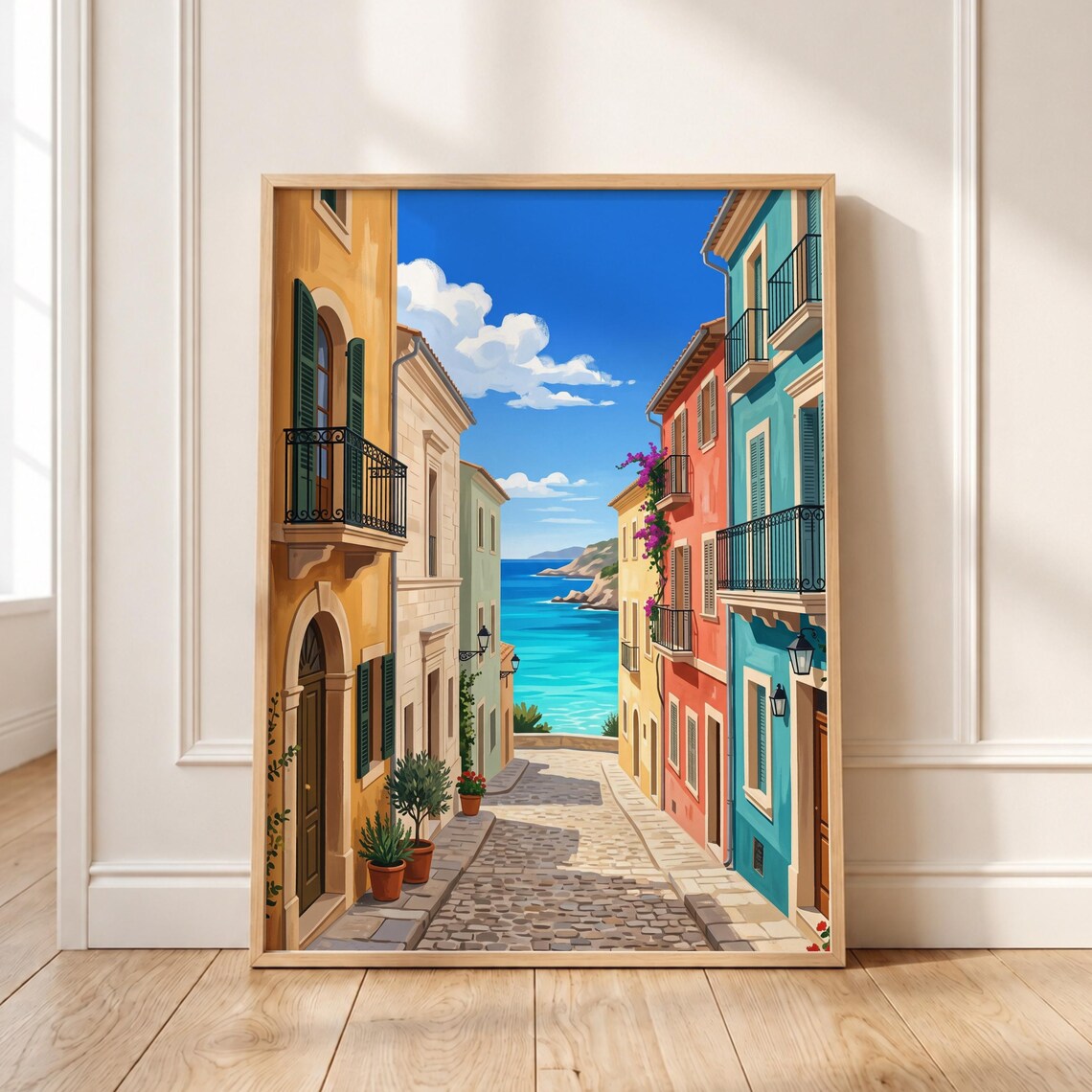 Mediterranean Coastal Town Colorful Street Sea View Italian Style Wall Poster