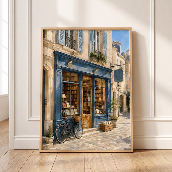 Vintage French Bookstore Paris Street Blue Shopfront Watercolor Shop Poster