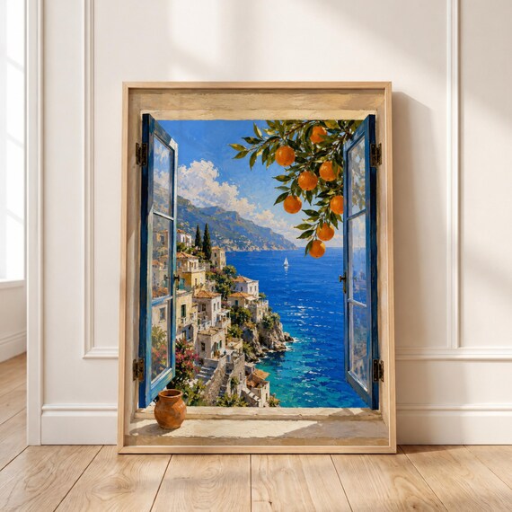 Amalfi Coast Open Window Mediterranean Sea Orange Grove Poster