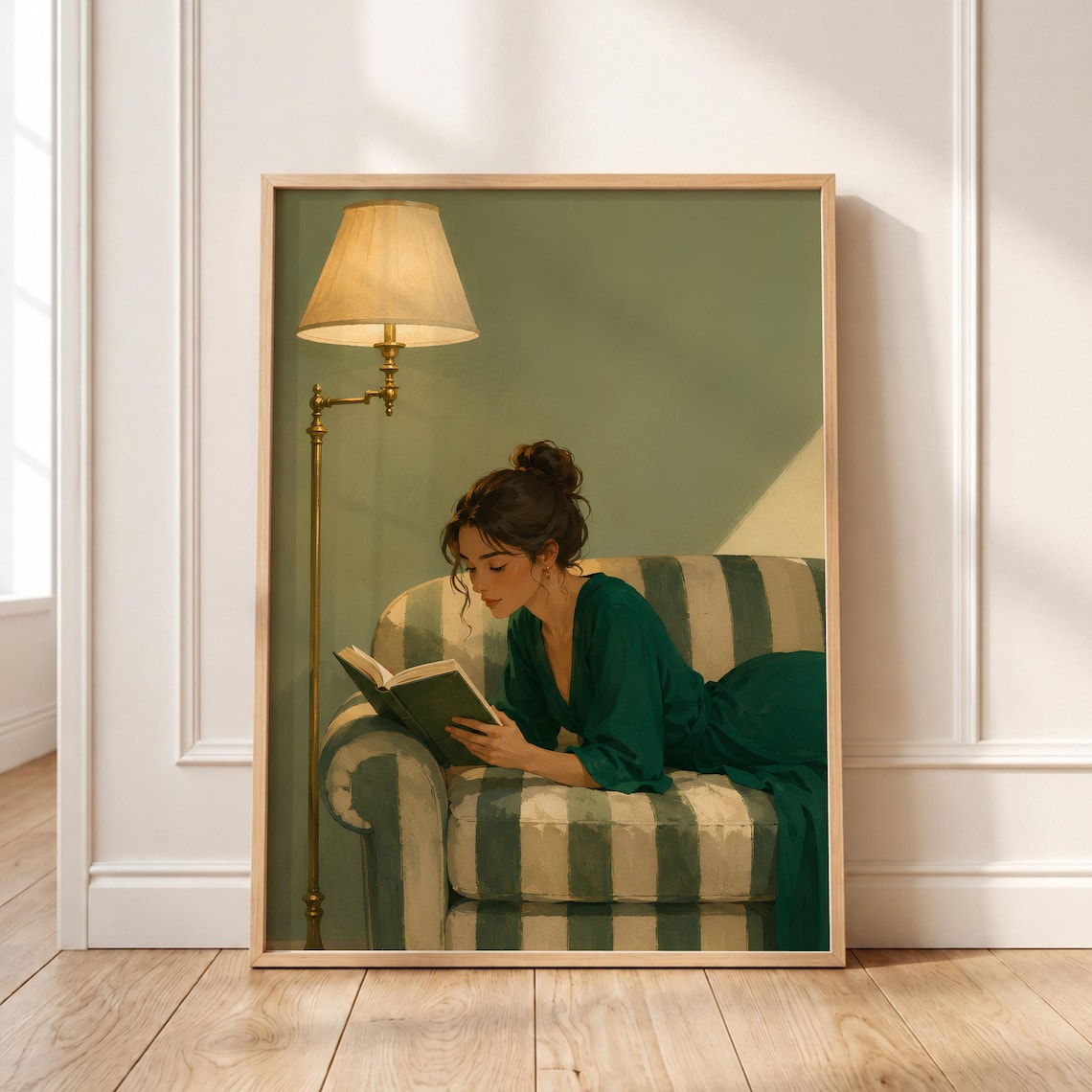 Woman Reading Book on Striped Armchair Cozy Vintage Illustration Lamp Poster