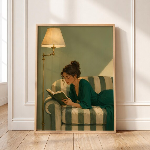 Woman Reading Art Print Vintage Cozy Illustration