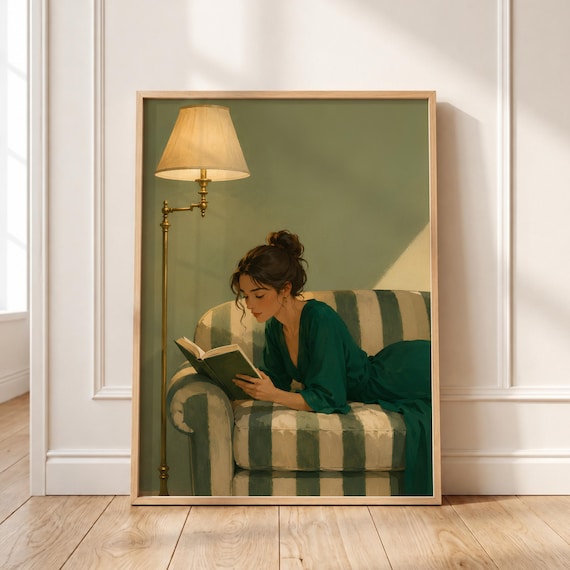 Woman Reading Book on Striped Armchair Cozy Vintage Illustration Lamp Poster
