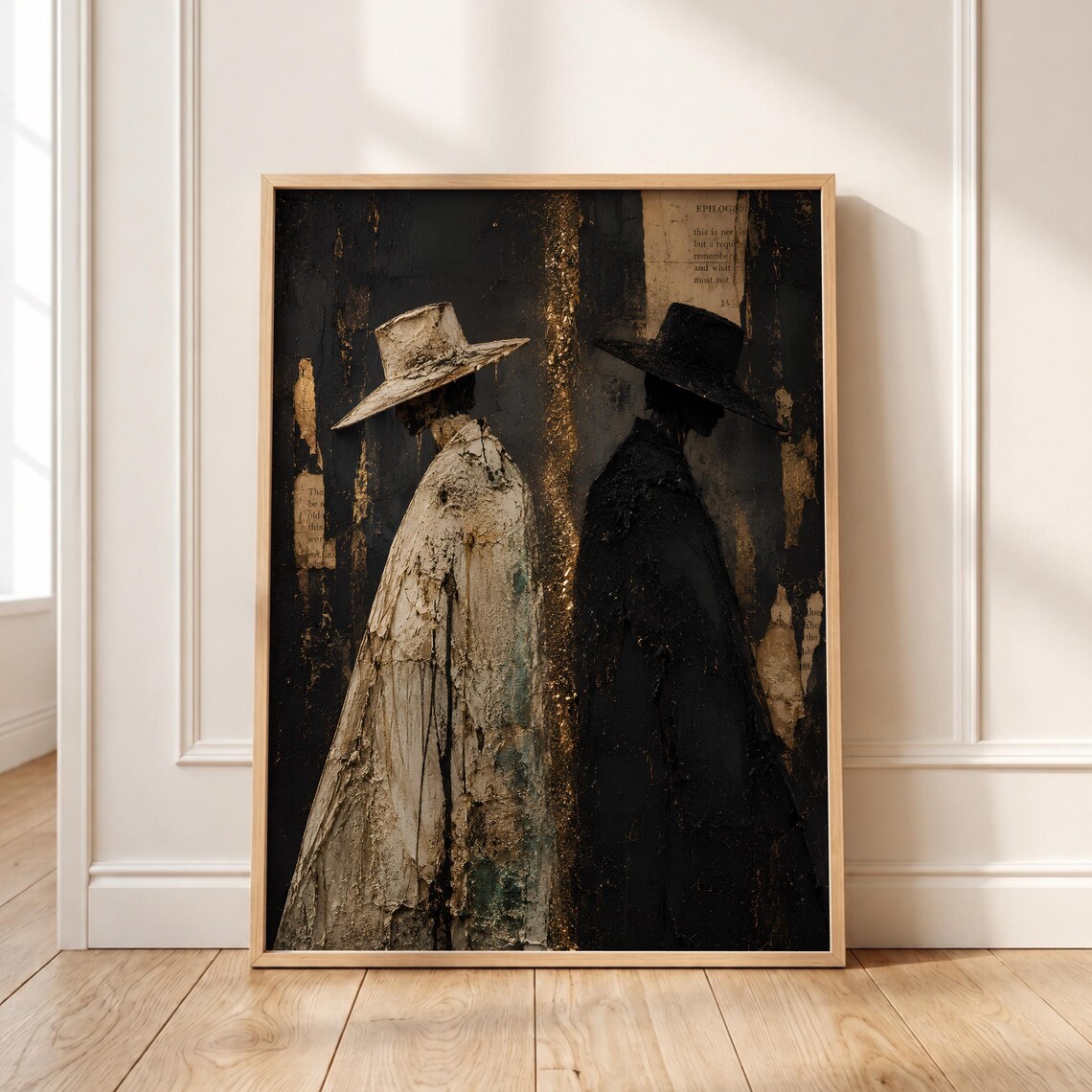 Dark Academia Dual Silhouette, Gold Leaf Oil Painting