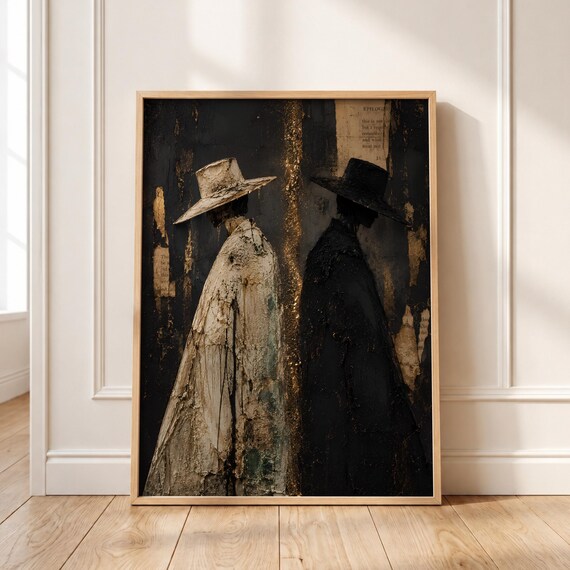 Dark Academia Dual Silhouette, Gold Leaf Oil Painting