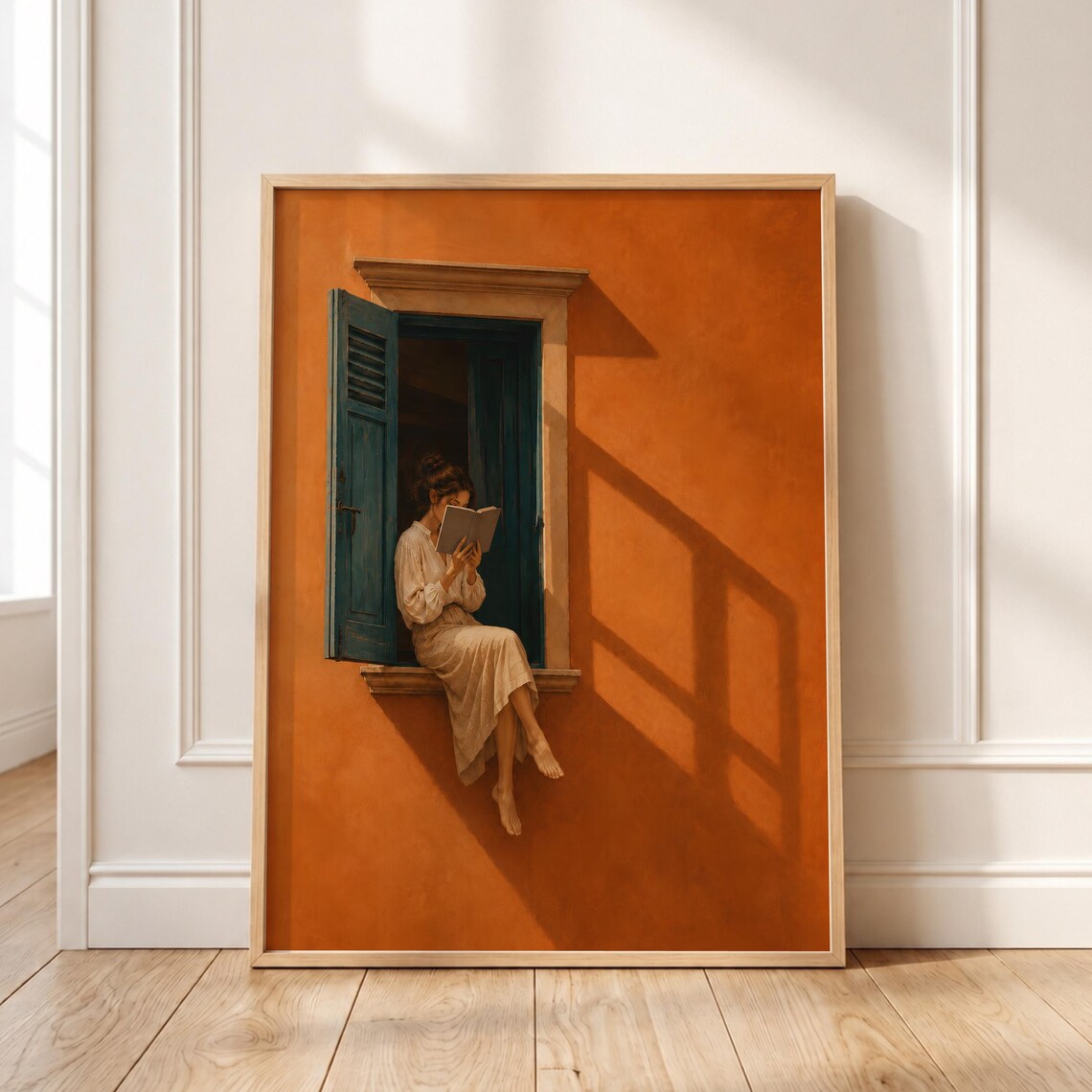 Woman Reading On Window Ledge Terracotta Mediterranean Art Print