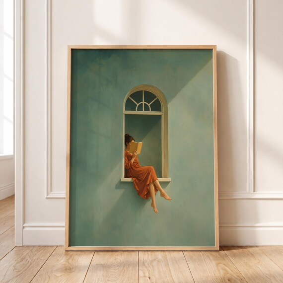 Woman Reading in Arched Window Rust Dress Cozy Book Lover Poster