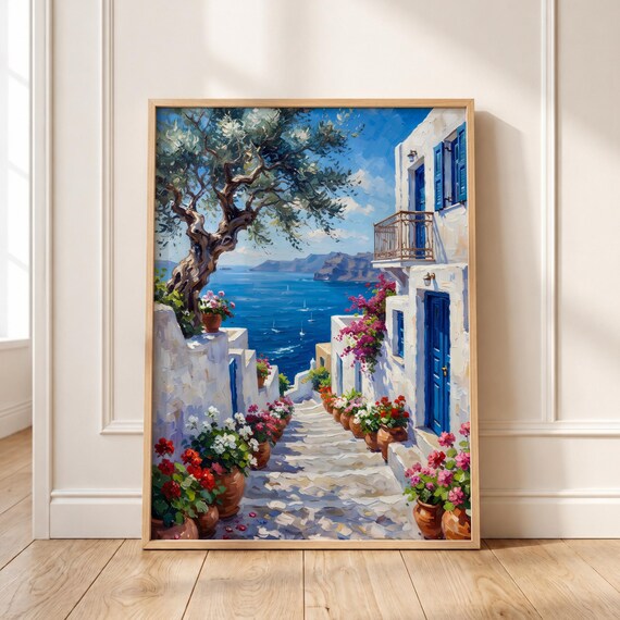 Greece Coast Wall Art Santorini Print Mediterranean Oil Painting
