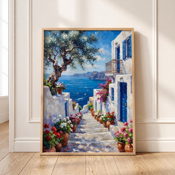 Santorini Flower Stairway Aegean Sea White Village Travel Poster