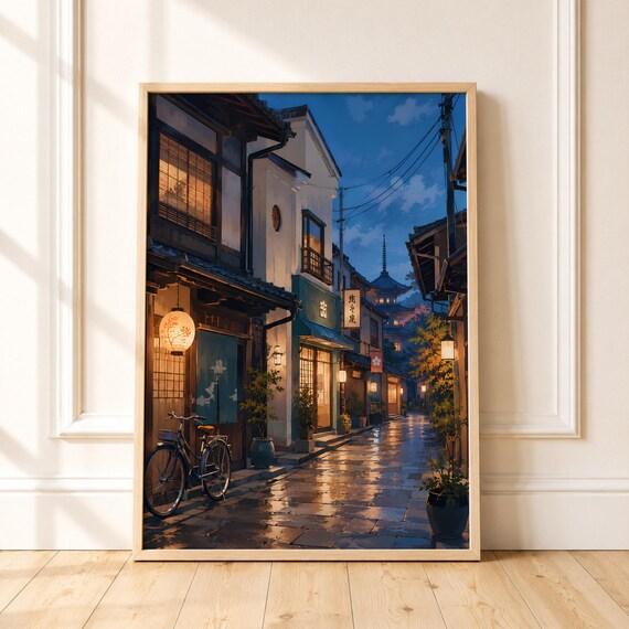 Kyoto Alley Watercolor Print Rainy Evening Japanese Street Art