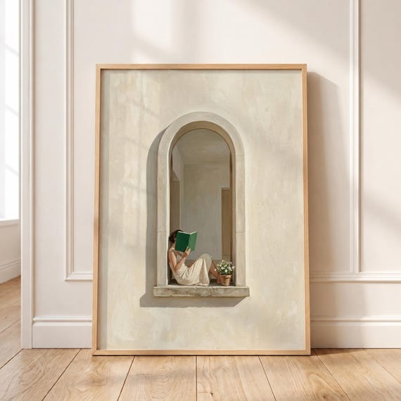 Woman Reading Window Oil Painting Print Minimalist Mediterranean Art