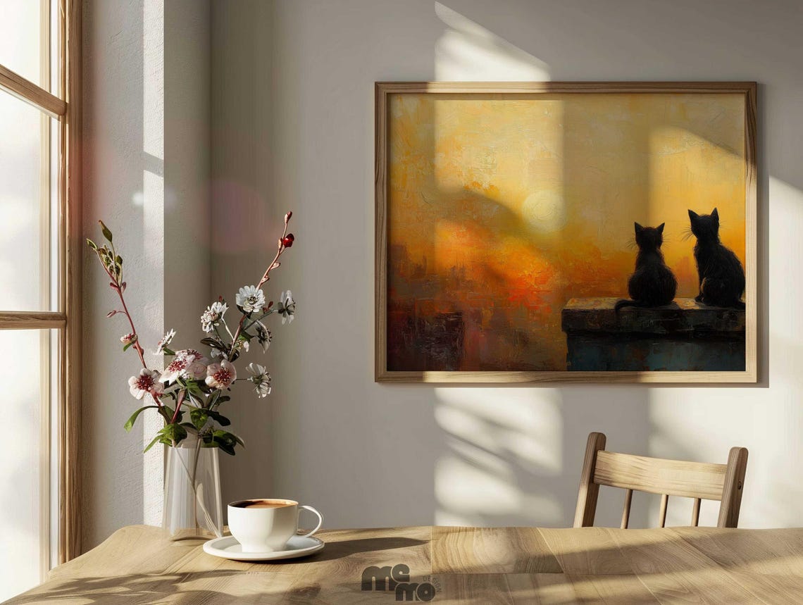Two Black Cats Watching Sunset, Minimalist Art Print - Image 6
