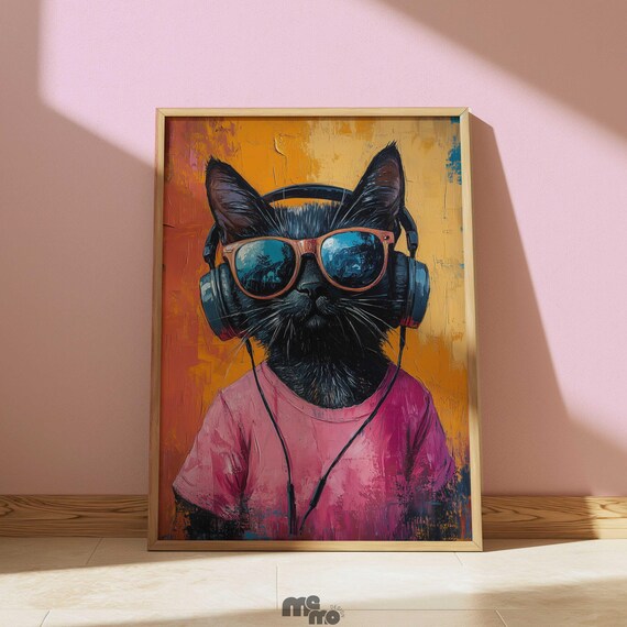 DJ Black Cool Party Cat Headphones Sunglasses Funny Music Poster