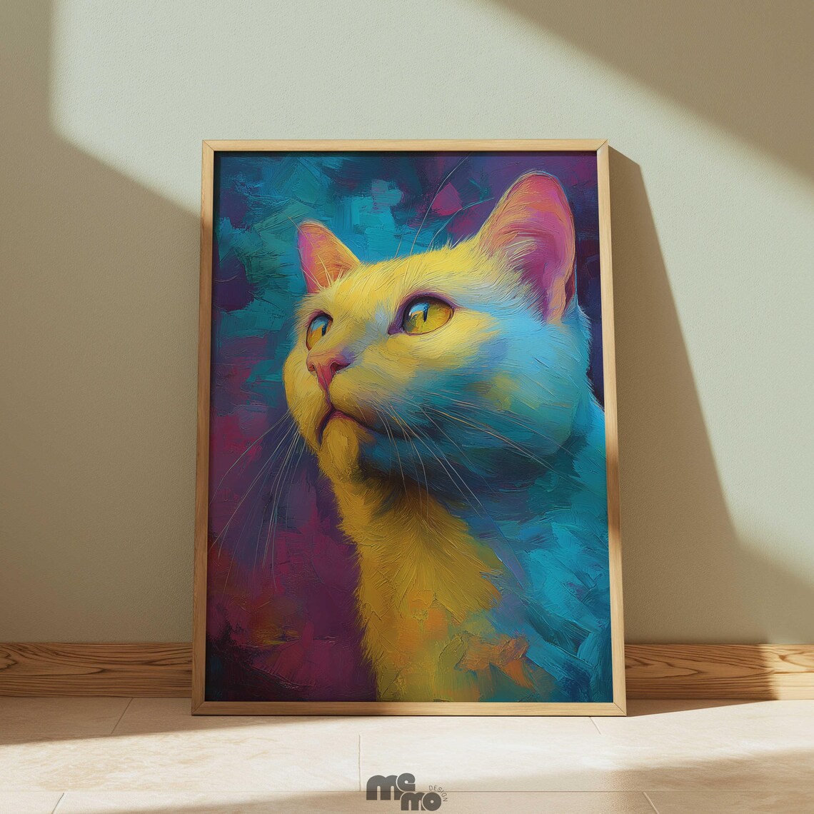 Vibrant Cat Portrait Oil Painting Yellow Feline On Teal Wall Art