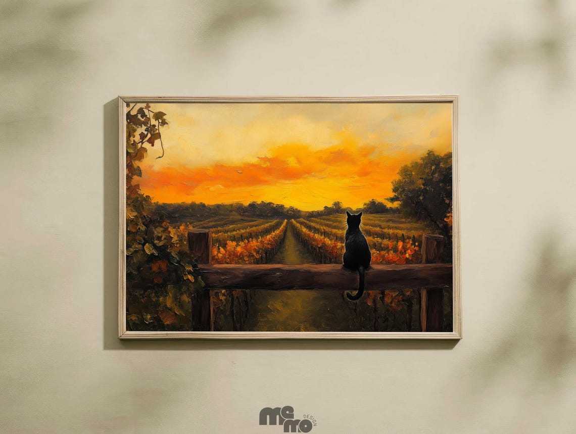 Black Cat Vineyard Sunset Oil Painting Rustic Country Cat Poster