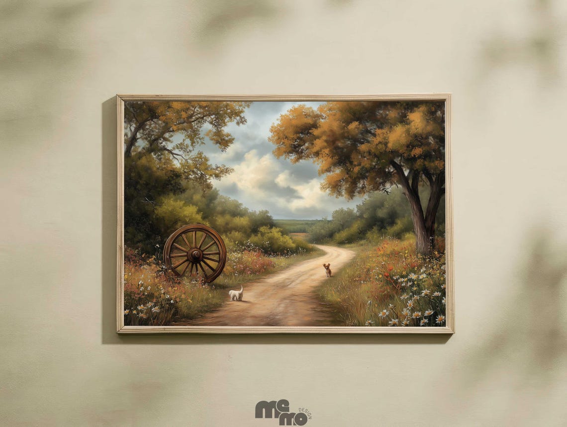 Dog And Cat Wandering Country Path Wagon Wheel Rustic Art Print