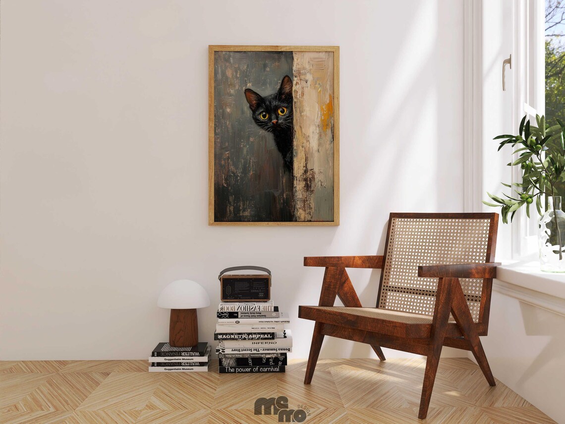 Black Cat Peeking, Funny Curious Cat Oil Painting - Image 3