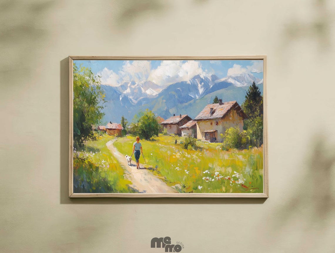 Countryside Dog Walk Alpine Village Path Oil Painting Art Print